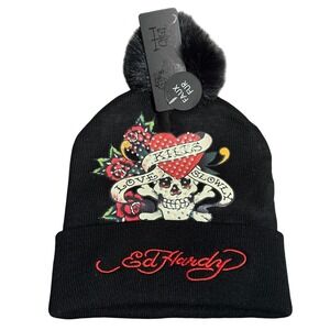 NWT Ed Hardy Beanie Women's One Size Black Skull Love Kills slowly embellished
